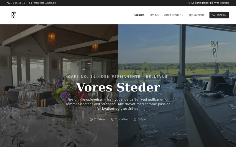 Forsiden af cafe19hole.dk: to fotos side om side af dækkede borde i caféen og i restauranten med udsigt over golfbanen, med overskriften Vores Steder.